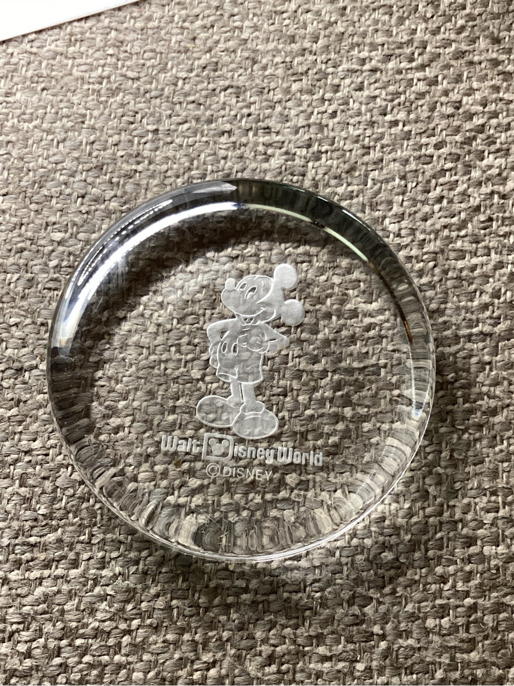 Disney Clear Glass Mickey Mouse Etched Paperweight